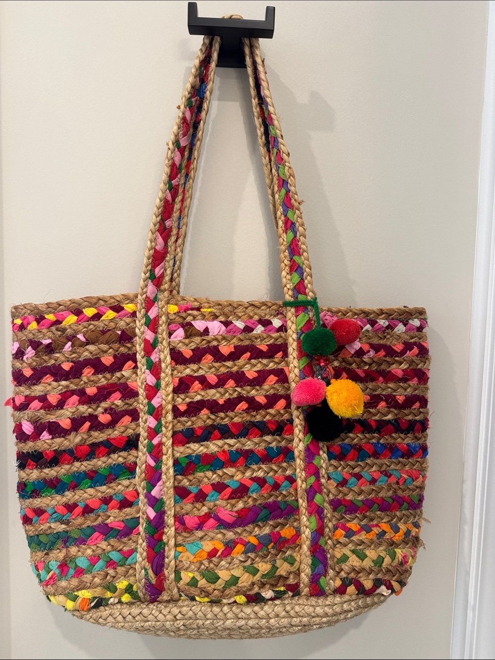 Multicolor Braided Jute Tote with Pom Pom Charm